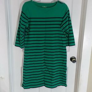 LL bean dress green blue stripe 3/4 length sleeve